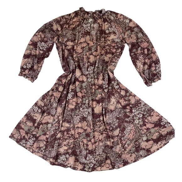 American Vintage Dresses & Skirts - Vintage 70s Sheer Watercolor Floral Print Midi Dress Long Sleeve Tie Neck Ruffle